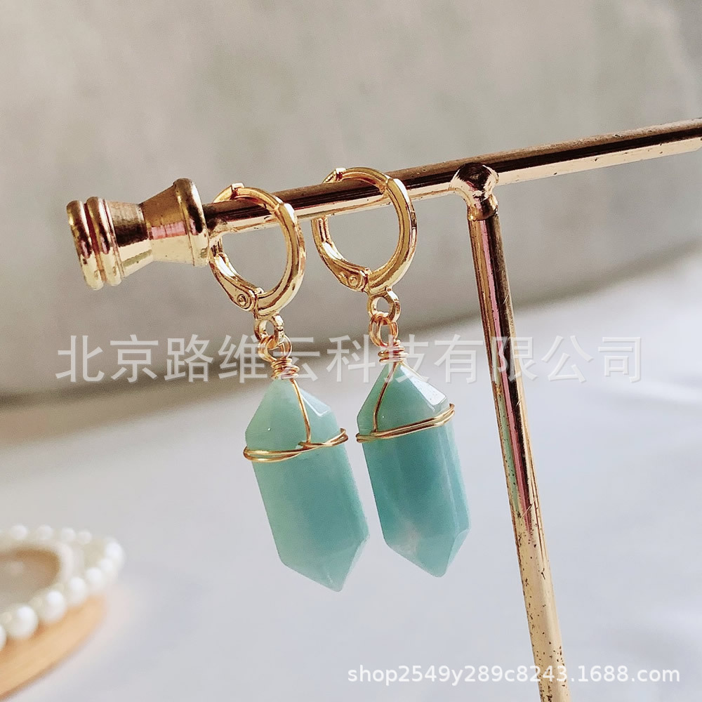 Pendientes de cristal natural de estilo explosivo transfronterizo, bala de doble punta, pequeña columna hexagonal, aretes de amatista de ágata roja, mujer