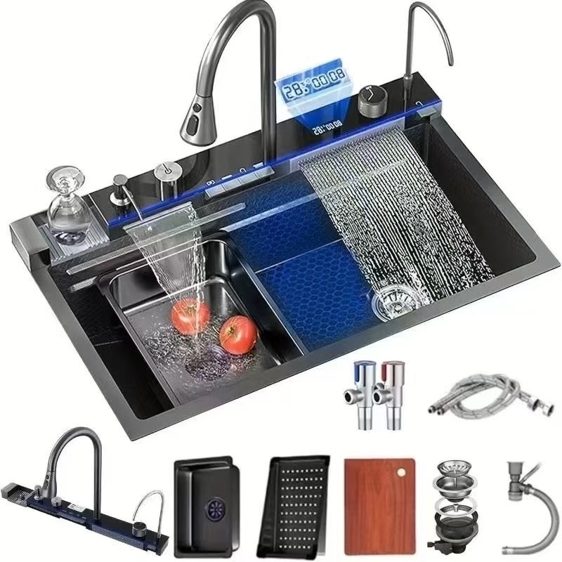 Foreign Trade Whale Piano Digital Display Raindance Waterfall Sink Large Single Sink Honeycomb Pattern 304 Stainless Steel Kitchen Sink