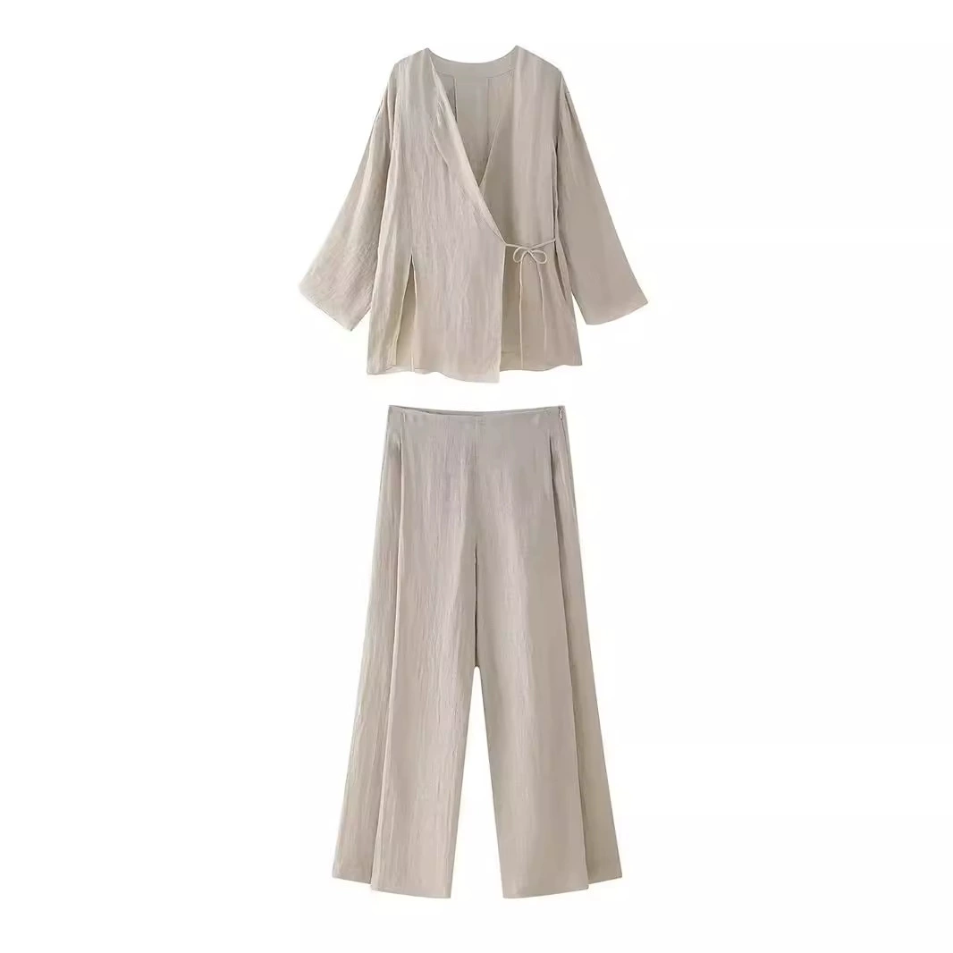 Трансграничная женская одежда оптом в европейском и американском стиле модный набор свободный шнуровка повседневная кимоно топ широкие брюки