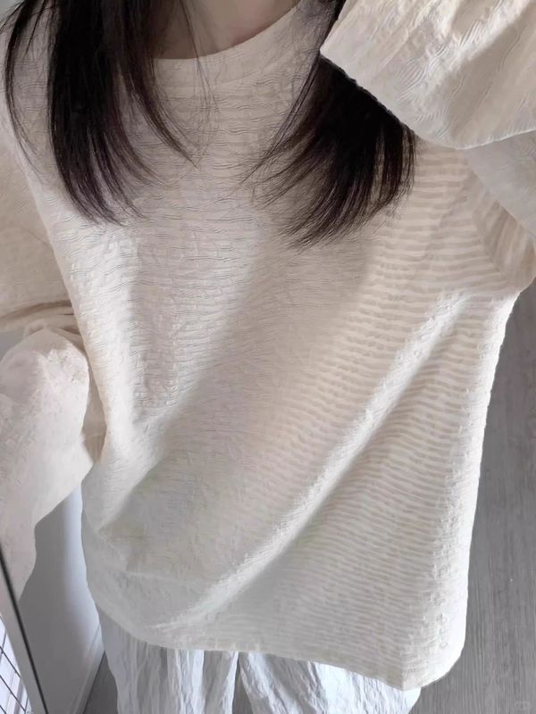 立体肌理感长袖t恤女春秋季宽松内搭打底衫松弛感慵懒风上衣批发|undefined