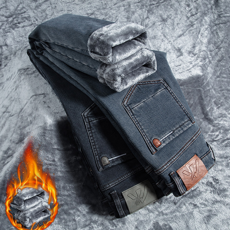 2023 Winter New Men's High-End Thickened Island Silver Gray Farley Velvet Denim Warm Pants