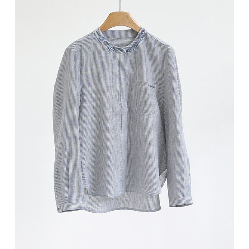 Heavy Beaded Sequin Striped Gray-Blue Women's Shirt 2026 Autumn New Polo Long Sleeve High-Quality Linen Top
