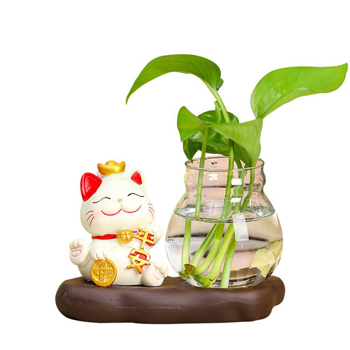 Creative living room decorations lucky cat glass flower ware home accessories office desk pothos vase ceramic hydroponic ware