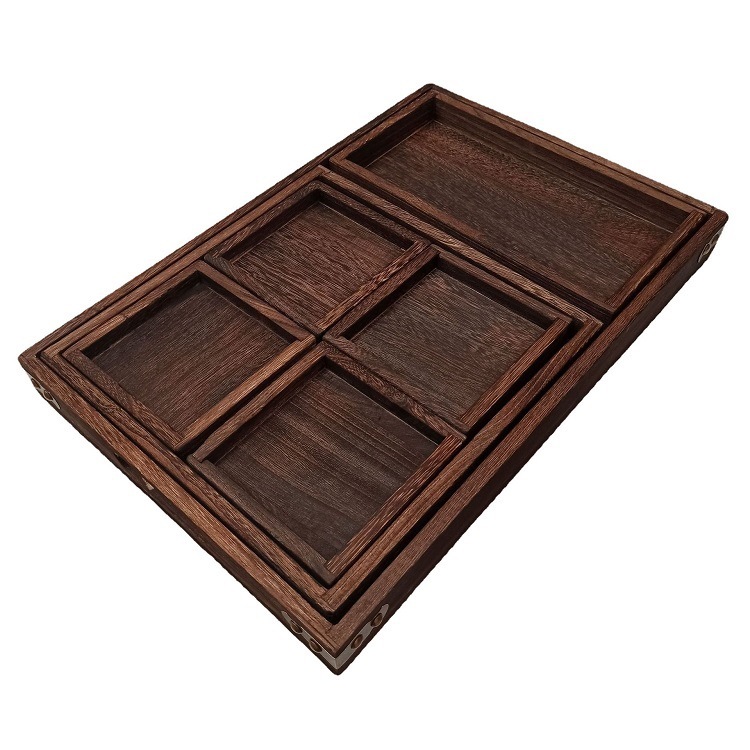 茶盘水果盘面包木质托盘带手柄,7 件套矩形木制嵌套托盘,装饰服务
