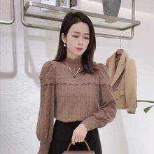 蕾丝衫女秋装时尚磨毛花边半高领上衣修身百搭洋气打底衬衫潮