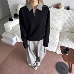 黑色老钱风千鸟格卫衣男秋季polo领长袖T恤空气层cleanfit打底衫