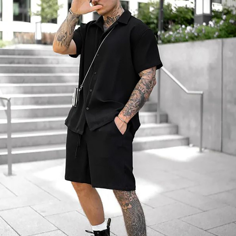 Turndown Neckline Loose Fit Type Men's Solid Color Casual Turndown Short Sleeve Loose Men's Sets