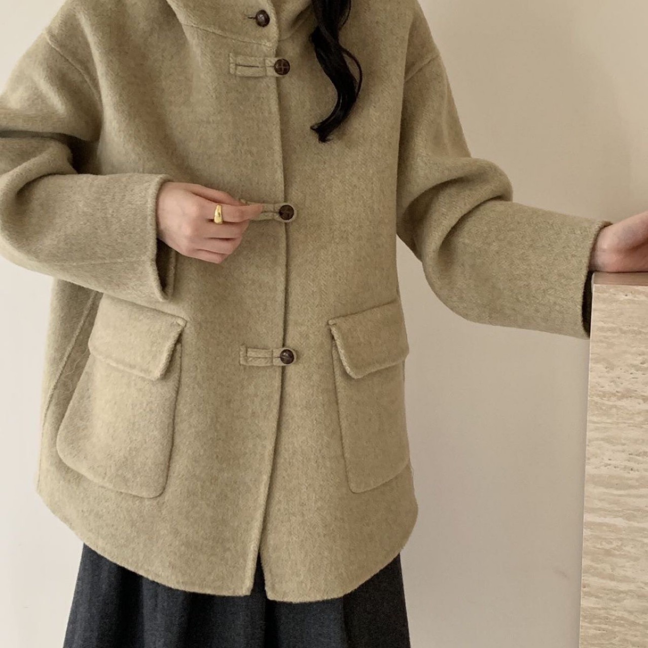 【盘扣连帽韩版】2024秋冬新款韩版双面羊绒中长款宽松学院风大衣