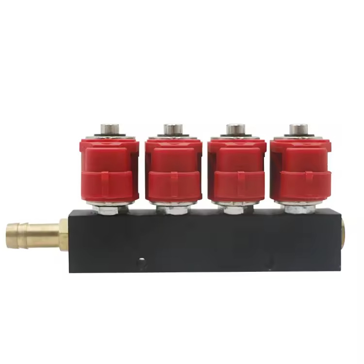LPG/CNG four-cylinder injection unit with red coil and black rail, unmarked, oil-to-gas four-cylinder gas injection rail