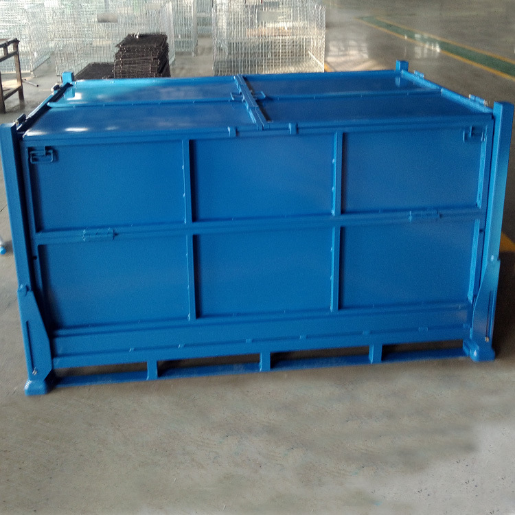 带盖金属箱 折叠式金属周转箱 堆垛式钢制料箱 铁板仓储笼