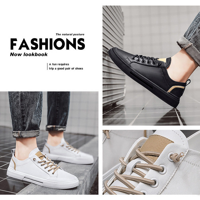 Giày sneaker nam da lì phối chỉ may, đế bằng thấp, phong cách thường ngày — 21506 màu đen, 5025 màu trắng, 5025 màu đen, Màu trắng 21506 chi tiết 3
