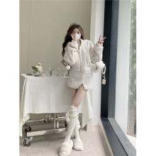 仿羊羔毛纯欲风开衫外套两件套女新款秋冬高腰半身裙套装短裙