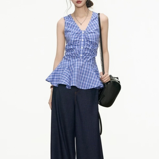 Westayone Halter V-Neck Suspender Waist Top Women's Korean Work Clothing + Jeans