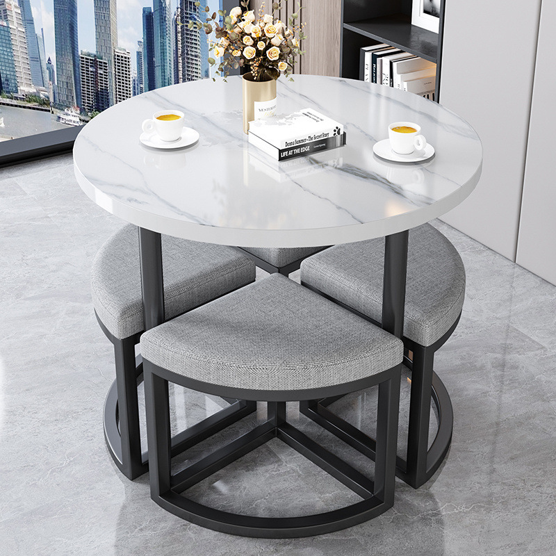 Taburete de tela gris claro + mesa de mármol imitado