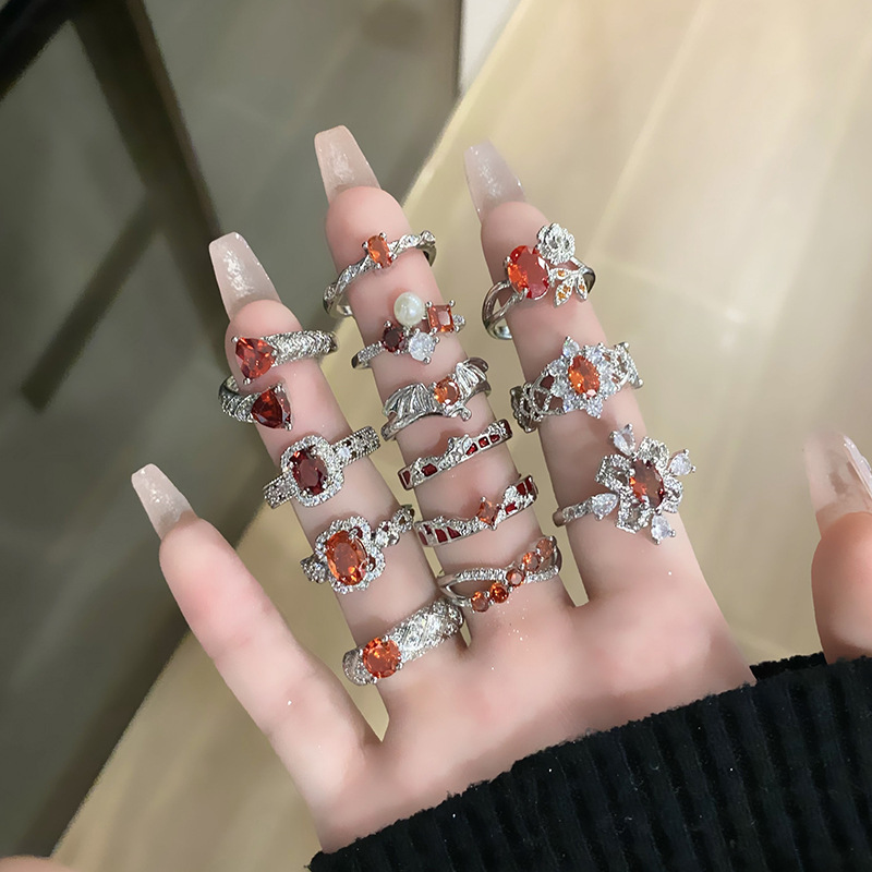 歐美高級感紅鑽鋯石戒指女精緻橢圓形甜酷輕奢時尚疊戴極簡食指戒