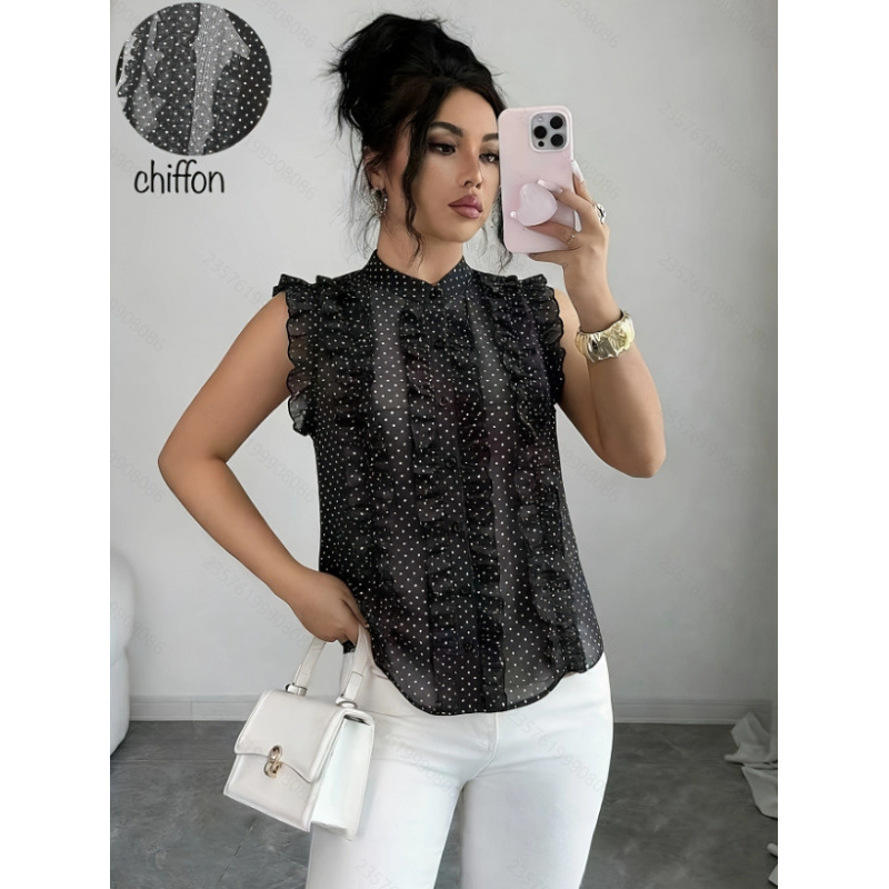 Women's New Summer Fashion Elegant Stand-Up Collar Polka Dot Print Sleeveless See-Through Shirt Suitable for Office Commuting Women's New Summer Fashion Elegant Stand-Up Collar Polka Dot Print Sleeveless See-Through Shirt Suitable for Office Commuting