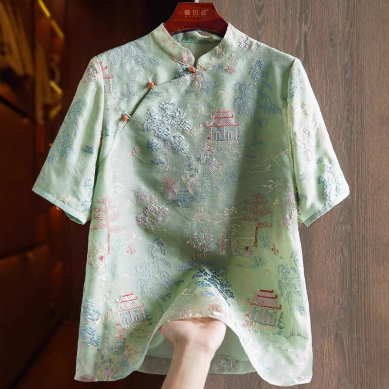 High-Quality Age-Reducing National Trend Embroidered Silk New Chinese Style Top Summer Retro Slanted Placket Buttoned Mulberry Silk Shirt