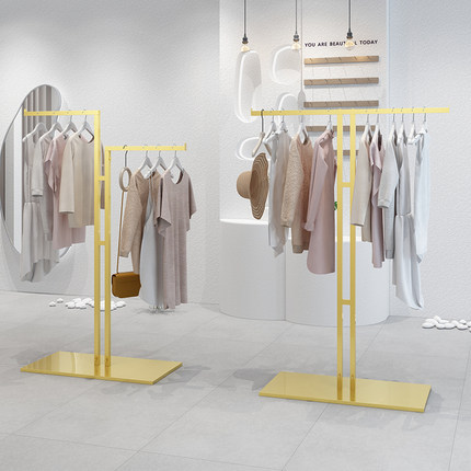 옷가게 쇼핑몰 디스플레이 스탠드 바닥에 붙은 황금색 아일랜드 워터 스테이션 여성용 옷걸이 레일 특수 옷걸이