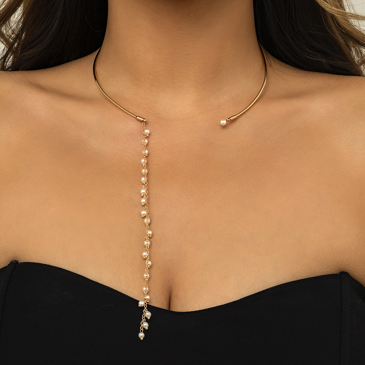 Geometric long asymmetric tassel open collar alloy necklace