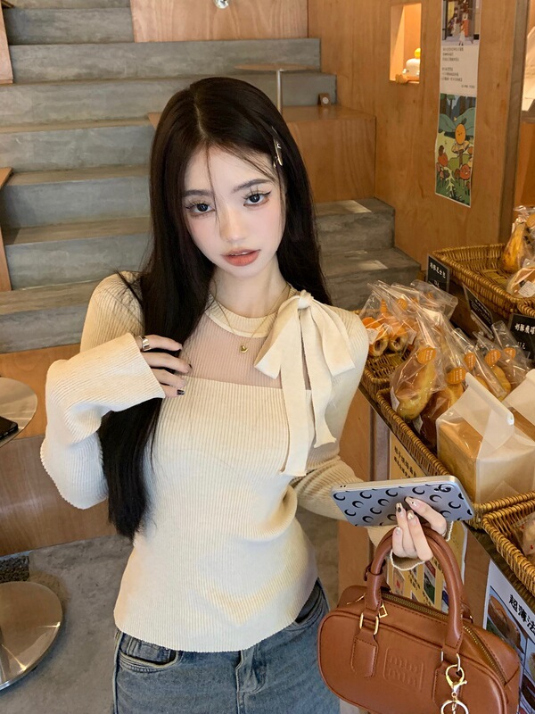 秋季纯欲辣妹修身显瘦正肩长袖女时尚个性绑带蝴蝶结设计百搭上衣|undefined