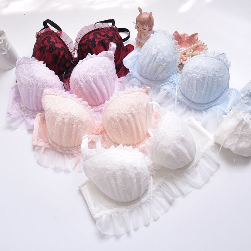 Long-term Japanese Exquisite Embroidered Thin Cup Girl's Student Cute Gathered Sexy Underwear Bra Set Large Size