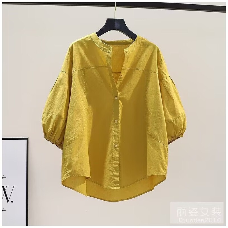 2026 Light Blue Stand-Up Collar Lantern Sleeve Shirt for Women, Fresh and Loose Casual Pure Cotton Shirt, Versatile Summer Top