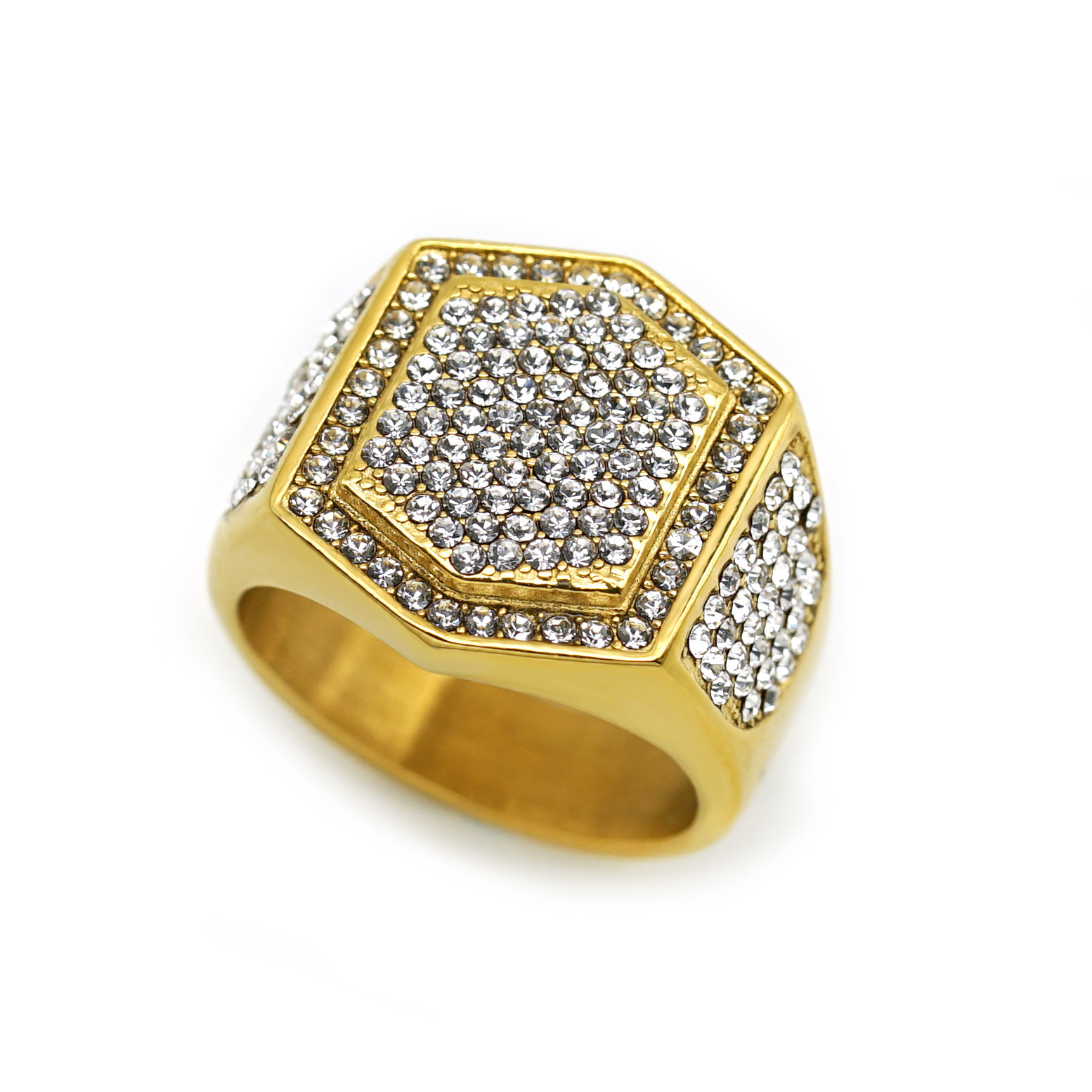 Hip-hop Hexagon Stainless Steel Gold Plated Rhinestones Rings display picture 1