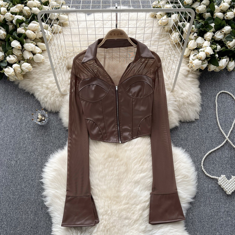 Hong Kong style chic retro fake two-piece top women's clothing new niche design long sleeve mesh stitching PU leather shirt