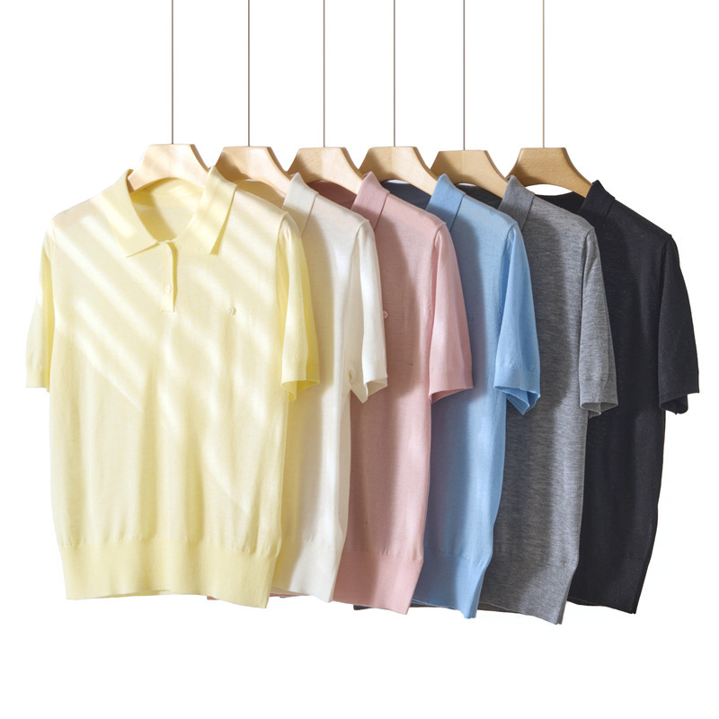 2026 Spring and Summer New Style Worsted Wool Pure Color Button Design Loose T-Shirt Thin Polo Collar Knitted Short-Sleeved Women's