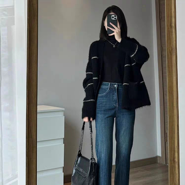 条纹黑色毛衣外套女2025秋冬新款宽松慵懒中长款加厚针织开衫上衣|undefined