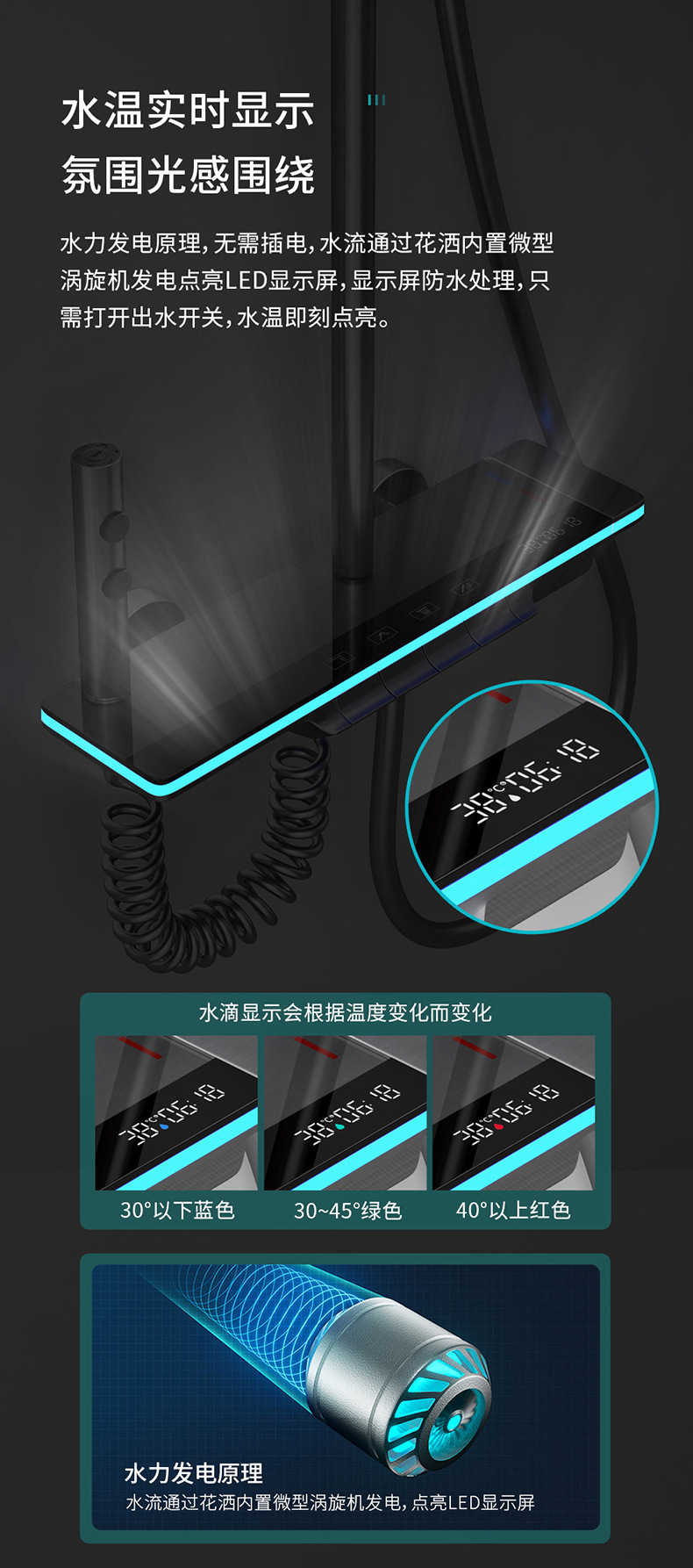 Modern new all-copper smart digital display shower head set, home bathroom shower head set, gun gray, pressurized undefined