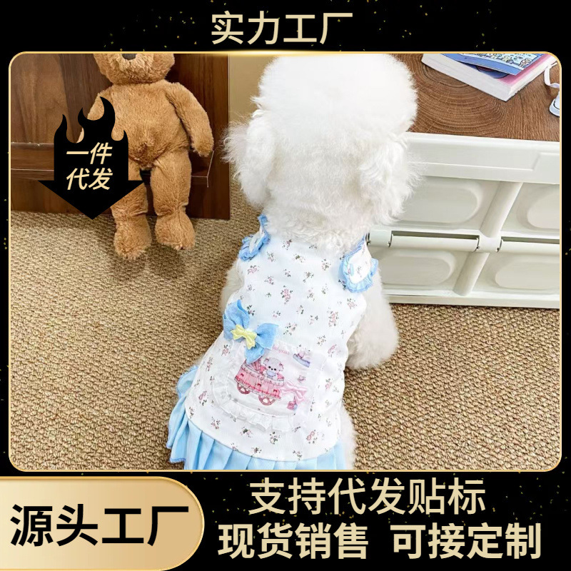 애완 동물 고양이 개 옷 봄과 여름 푸른 곰 슬링 스트랩 스커트 미디어와 작은 개 낙서 고양이 테디 보