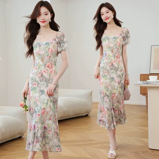 实拍 2026夏季新款油画碎花连衣裙法式方领鱼尾长裙女M豆绿花卉无