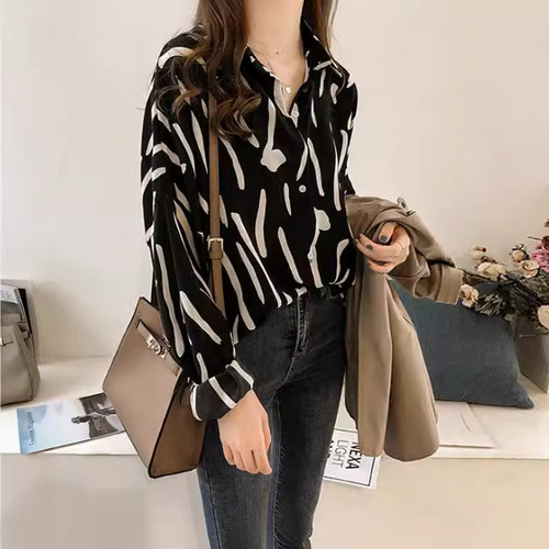 Doodle Print Shirt Women Long Sleeve Top Loose Plus Size Korean Style Blouse Basic Shirt