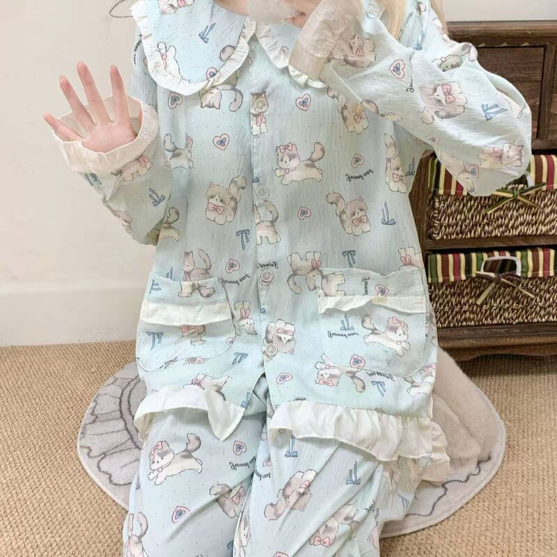 New lace polka dot cat-themed girl's pajamas, cute and comfortable lace long-sleeve and long-pants set, two-piece home wear New lace polka dot cat-themed girl's pajamas, cute and comfortable lace long-sleeve and long-pants set, two-piece home wear