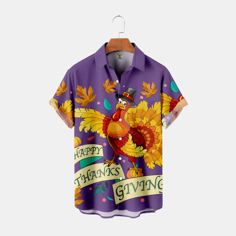Cross-border 2023 New Summer Men's Thanksgiving Day Turkey Six-button Short Shirt Men's Beach 3D Printed Men's Shirt