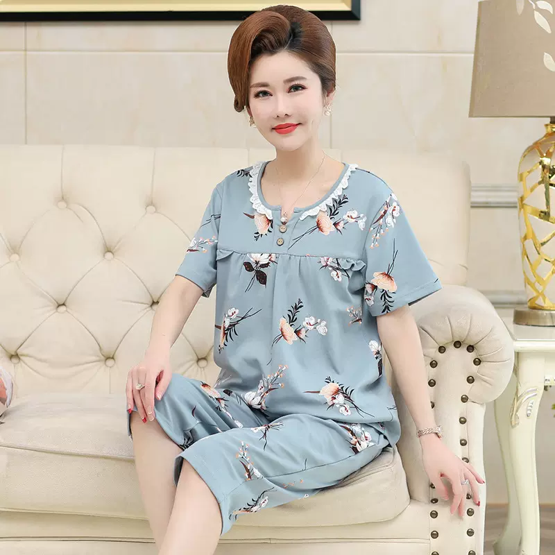睡衣女夏季棉质短袖七分裤中老年妈妈宽松加大码家居服套装可外穿