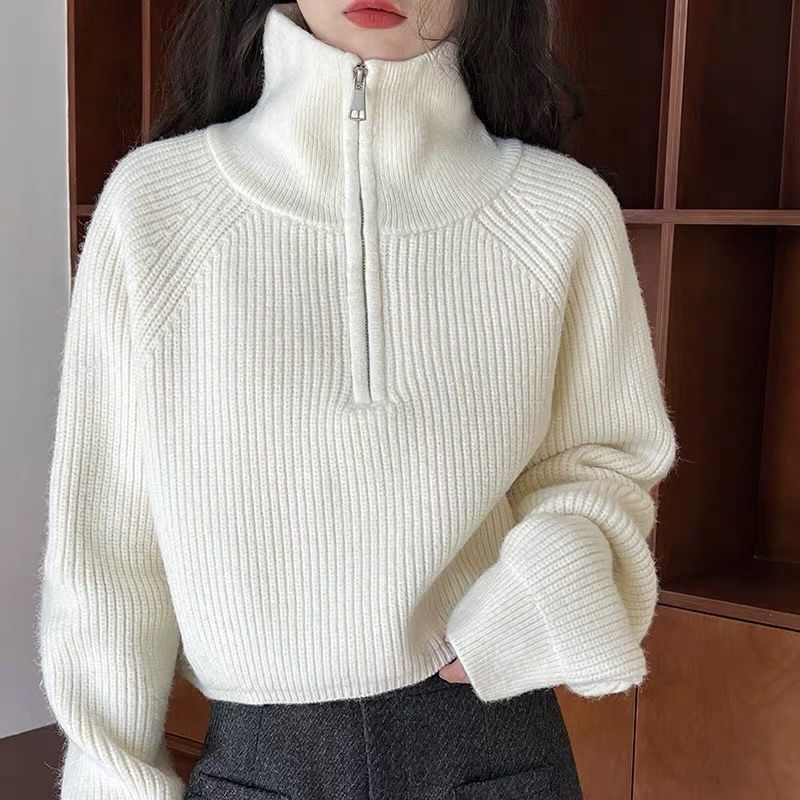 半拉链立领红色毛衣女秋冬2025新款韩版宽松慵懒风针织衫翻领上衣|undefined