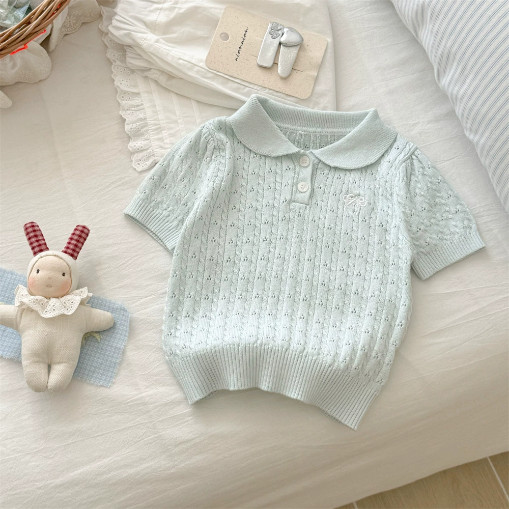 Летняя одежда с бантом, knitted свитер, корейский стиль, детская одежда, с коротким рукавом, западный стиль