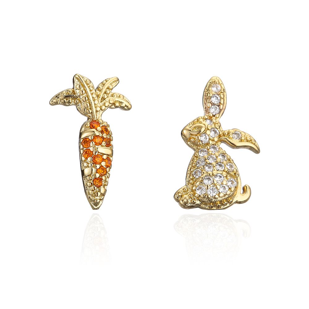 Copper Material Geometric Pattern Sweet Cute Rabbit Carrot Shape Copper Plated 18k Gold Zircon Earrings Stud
