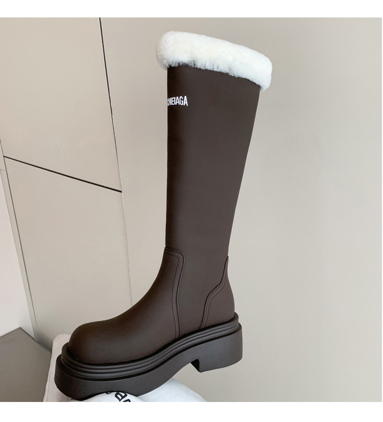 Boot nữ cổ cao lót nhung đế dày da bò giữ ấm mùa đông — Màu nâu ống lớn chi tiết 36