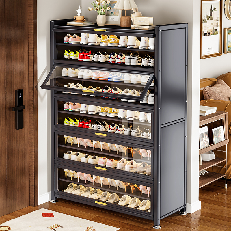 Steel Shoe Cabinet with Glass Door for Home Entrance, Multi-Layer Floor-To-Ceiling Entryway Cabinet, Large Capacity, Flip-Up Door, Dustproof Shoe Rack