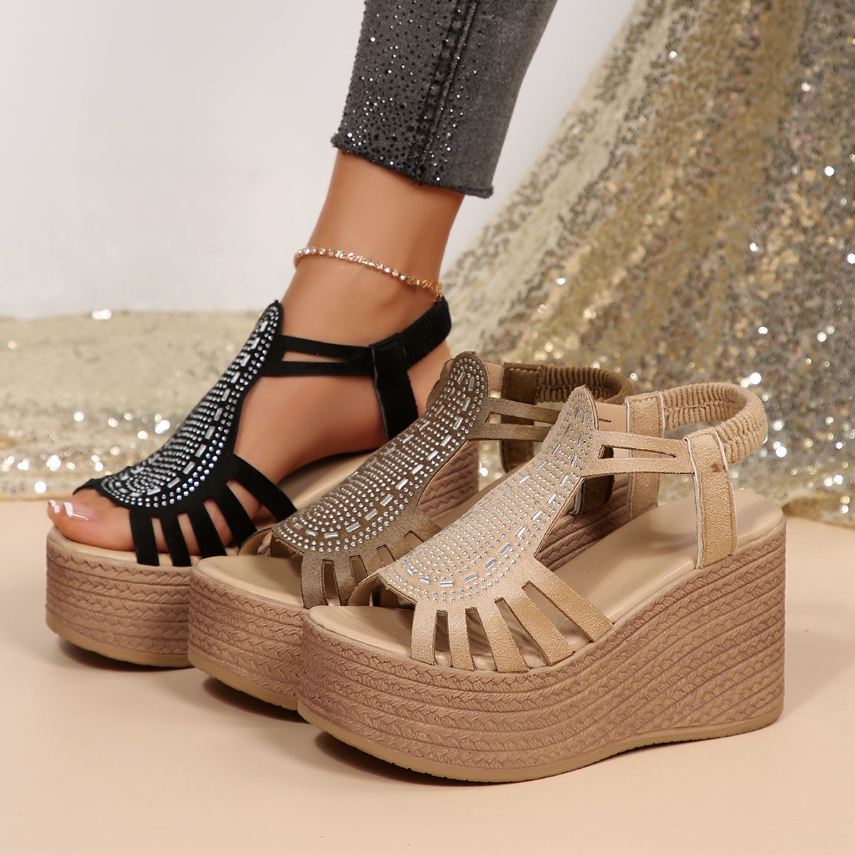 Sandali con zeppa da donna con strass, nuovo stile estivo, plateau, taglie forti, sandali romani con fascia elastica e traforata_voghion.com