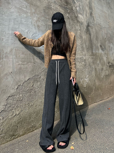 Women's Autumn/Winter Loose Casual Straight Leg Pants with High Waist Narrow Version Wool Knit Wide Leg Pants for Slimming and Long Legs