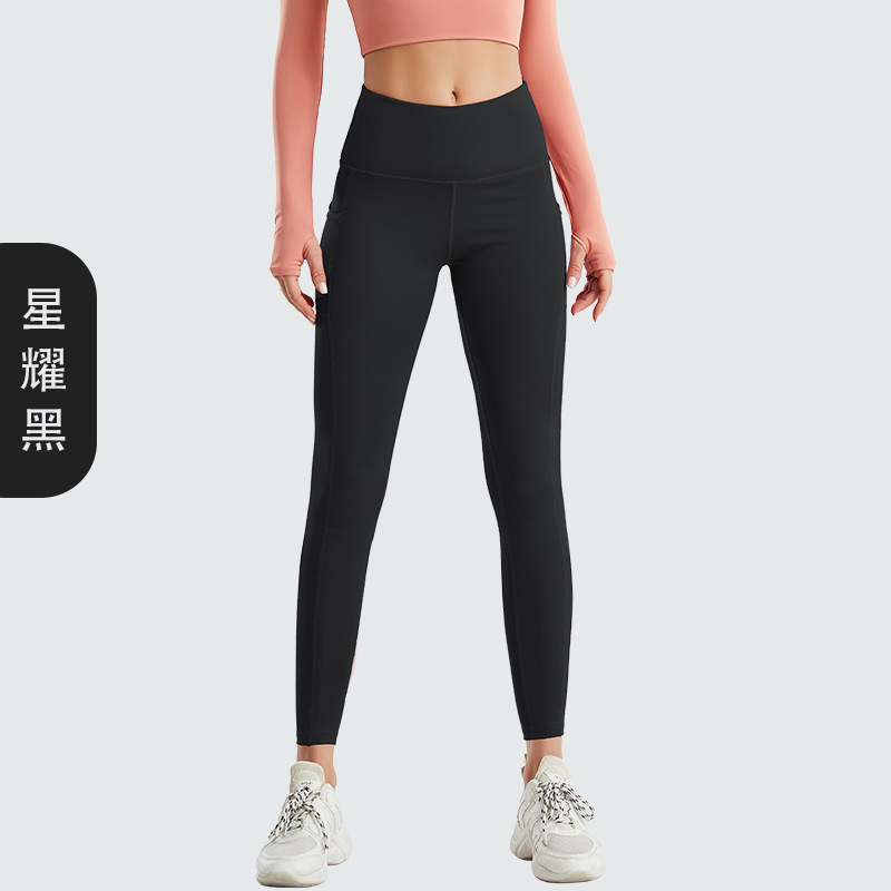 Amazon tamaño europeo pantalones de yoga transfronterizos bolsillo lateral de las mujeres melocotón cintura alta Levantamiento de cadera medias de fitness europeas y americanas