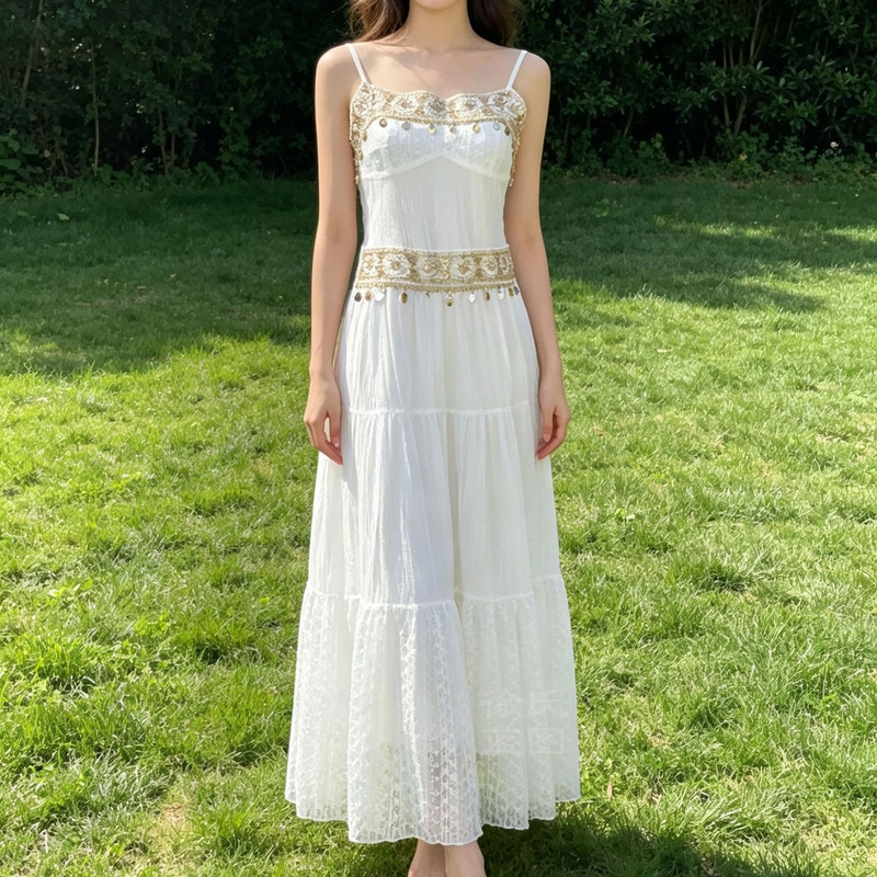 Tie-Dye White Summer Ethnic Style White Dress with Sequin Embellishments, High-Waisted Spaghetti Strap Long Dress for Vacation and Leisure