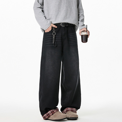 Grafic Patchwork Retro Washed Jeans Spring Split Design Straight Leg Pants Semi-Relaxed Loose Pants