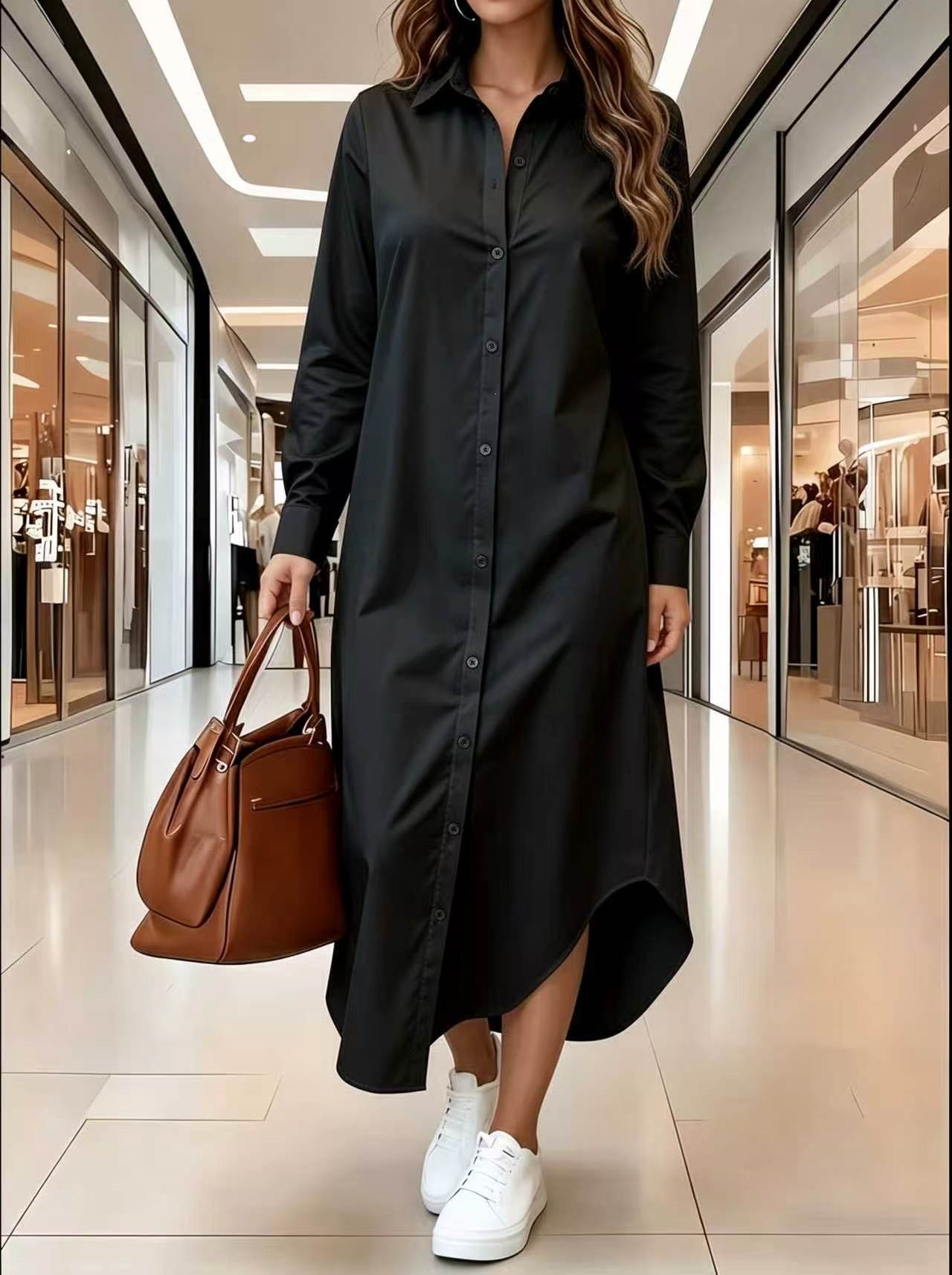 2025 Europa y los Estados Unidos transfronterizos otoño y invierno nueva moda casual de color sólido camisa larga abrigo camisa vestido