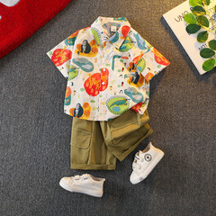 Boys summer suit 2024 new trendy shirts for small and medium-sized children loose summer clothes cool and handsome boy short-sleeved two-piece set