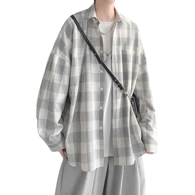 Camisa a cuadros de los hombres ins Hong Kong estilo japonés celebridad en línea Pu Shuai top estilo coreano moda guapo suelta camisa de manga larga hombres